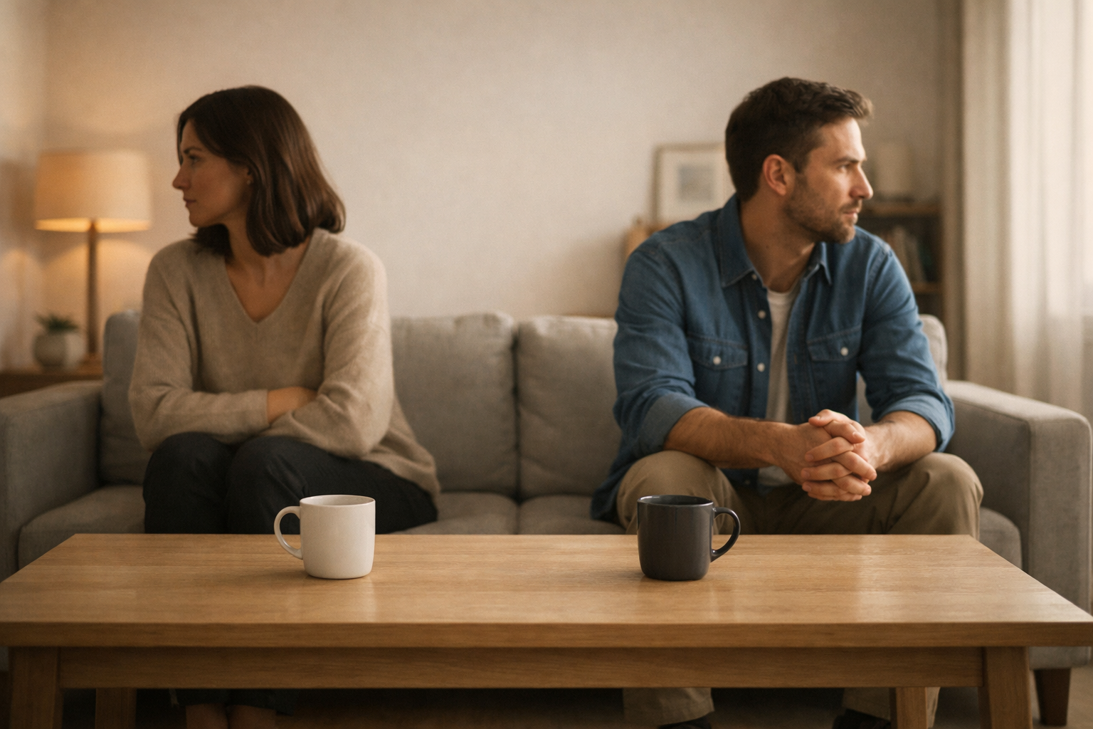 Paar sitzt mit Abstand auf dem Sofa und schaut weg – symbolisches Bild für Konflikte und Nervensystemreaktionen in Beziehungen.