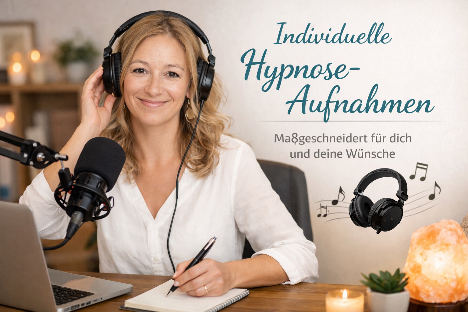 Hypnosetherapeutin bei der Aufnahme einer individuellen Hypnose mit Kopfhörern in der Praxis in Düsseldorf